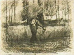 Tarweveld met bomen en maaier Tarweveld met bomen en maaier