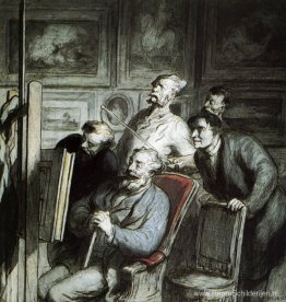 Bezoekers in de werkplaats van een schilder Bezoekers in de werkplaats van een schilder