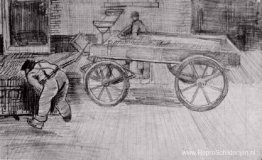 Twee mannen met een vierwielige wagen Twee mannen met een vierwielige wagen