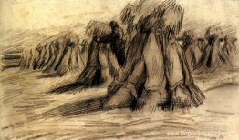 Stooks en een boer die schoven stapelt Stooks en een boer die schoven stapelt