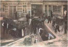 Verscheurde straat met gravers Verscheurde straat met gravers