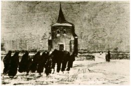 Begrafenis in de sneeuw nabij de oude toren Begrafenis in de sneeuw nabij de oude toren