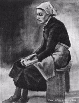 Vrouw met witte doek om haar hoofd, zittend op een bankje Vrouw met witte doek om haar hoofd, zittend op een bankje