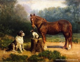 Paard en twee honden in een landschap Paard en twee honden in een landschap