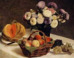 Bloemen en fruit, een meloen Bloemen en fruit, een meloen
