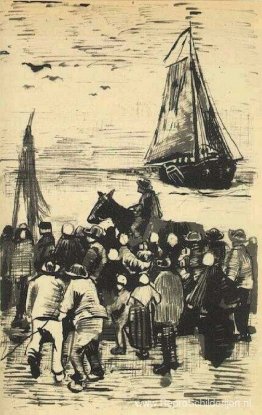 Groep mensen op het strand met aankomst van vissersboot Groep mensen op het strand met aankomst van vissersboot