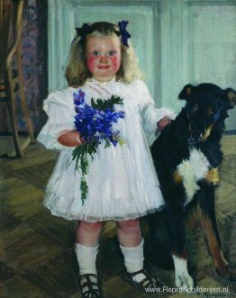 Portret van Irina Kustodiev met de hond Shumka Portret van Irina Kustodiev met de hond Shumka