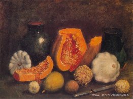 Stilleven met groene kruik en de pompoen Stilleven met groene kruik en de pompoen