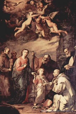 Heilige Familie met St. Bruno, de kartuizermonniken, heiligen di Heilige Familie met St. Bruno, de kartuizermonniken, heiligen di