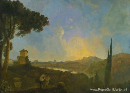 Een zicht op de Tiber met Rome in de verte Een zicht op de Tiber met Rome in de verte