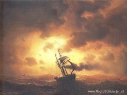 Stamschip bij zonsondergang Stamschip bij zonsondergang