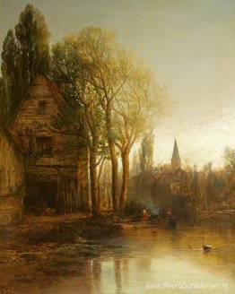 Een huis bij een zwembad, met een torenspits in de verte Een huis bij een zwembad, met een torenspits in de verte