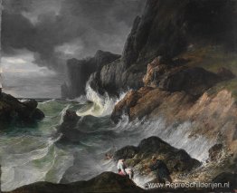 Stormachtige kustscène na een scheepswrak Stormachtige kustscène na een scheepswrak