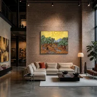 Olijfbomen met gele lucht en zon — Huis van kunstverzamelaar