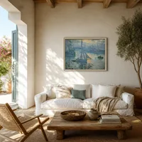 Zonsopgang, de zee — Mediterraan huis