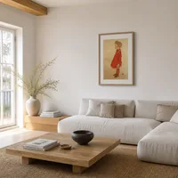 Klein meisje met blond haar in een rode jurk — Scandinavisch huis
