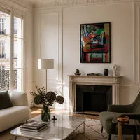 Gitaar, fles, fruitschaal en glas op tafel — Parijs appartement