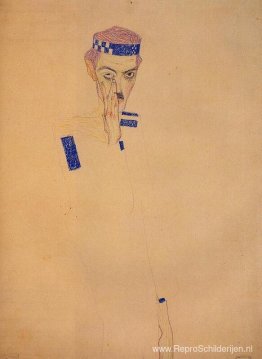 Man met blauwe hoofdband en hand op de wang Man met blauwe hoofdband en hand op de wang