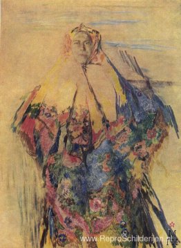 Een boerin met een hoofddoek met patroon Een boerin met een hoofddoek met patroon