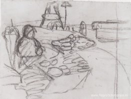 Zittende vrouw in marktkramen Zittende vrouw in marktkramen