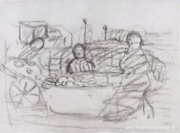 Drie vrouwen bij een marktkraam Drie vrouwen bij een marktkraam