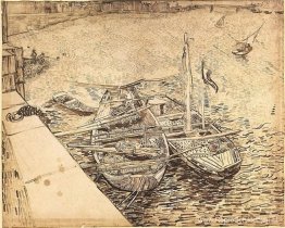 Kade met mannen die zandbakken lossen Kade met mannen die zandbakken lossen