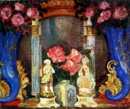 Stilleven met porseleinen beeldjes en rozen Stilleven met porseleinen beeldjes en rozen