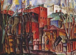 Landschap met droge bomen en hoge gebouwen Landschap met droge bomen en hoge gebouwen