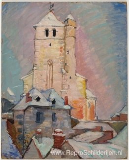 Zonder titel (Kerk in sneeuw met rozenhemel) Zonder titel (Kerk in sneeuw met rozenhemel)