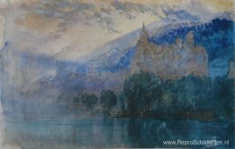 Het kasteel van Neuchatel in de schemering, met daarachter het J Het kasteel van Neuchatel in de schemering, met daarachter het J