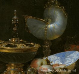 Stilleven met Holbein-schaal, Nautilus-beker, glazen beker en fr Stilleven met Holbein-schaal, Nautilus-beker, glazen beker en fr