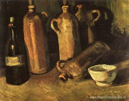 Stilleven met vier stenen flessen, fles en witte beker Stilleven met vier stenen flessen, fles en witte beker