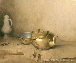 Messing ketel met porseleinen koffiepot Messing ketel met porseleinen koffiepot