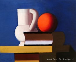 Stilleven met witte pot, sinaasappel en boek Stilleven met witte pot, sinaasappel en boek
