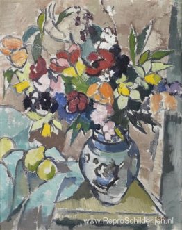 Stilleven met vaas met bloemen en citrusvruchten Stilleven met vaas met bloemen en citrusvruchten