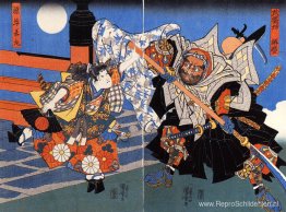 Uchiwakamaru vecht tegen Benkei op de Gojo-brug Uchiwakamaru vecht tegen Benkei op de Gojo-brug