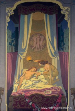 Paneel 3. Psyche ontdekt dat haar mysterieuze minnaar Eros is Paneel 3. Psyche ontdekt dat haar mysterieuze minnaar Eros is