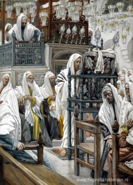 Jezus rolt het boek uit in de synagoge Jezus rolt het boek uit in de synagoge