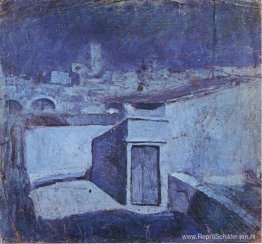 De daken van Barcelona in het maanlicht De daken van Barcelona in het maanlicht