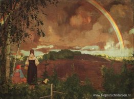 Landschap met twee boerenmeisjes en een regenboog Landschap met twee boerenmeisjes en een regenboog