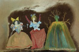 Drie vrouwenfiguren in feestelijke gewaden Drie vrouwenfiguren in feestelijke gewaden