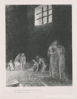 In de schaduw huilen en bidden mensen, omringd door anderen die In de schaduw huilen en bidden mensen, omringd door anderen die