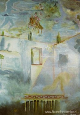 Gala op een terras, kijkend naar de lucht, waar de ruiterfiguur Gala op een terras, kijkend naar de lucht, waar de ruiterfiguur