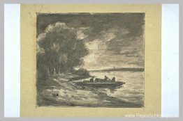 Boot vlakbij een kust omzoomd met bomen Boot vlakbij een kust omzoomd met bomen