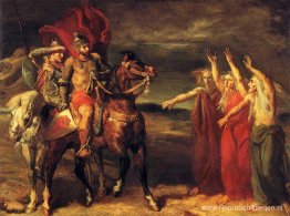 Macbeth gevolgd door Banco ontmoet de drie heksen op de Heide Macbeth gevolgd door Banco ontmoet de drie heksen op de Heide