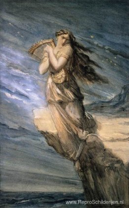 Sappho springt vanaf het Leucadische voorgebergte de zee in Sappho springt vanaf het Leucadische voorgebergte de zee in