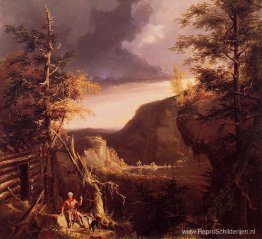 Daniel Boone zit aan de deur van zijn hut aan het Great Osage La Daniel Boone zit aan de deur van zijn hut aan het Great Osage La