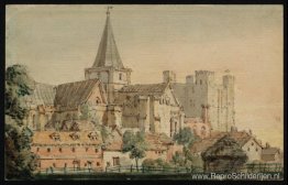 Kathedraal van Rochester vanuit het noordoosten, met het kasteel Kathedraal van Rochester vanuit het noordoosten, met het kasteel