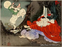 Sojobo instrueert Yoshitsune in het zwaard Sojobo instrueert Yoshitsune in het zwaard