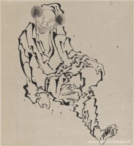 Tekening van een zittende man met het linkerbeen rustend op de r Tekening van een zittende man met het linkerbeen rustend op de r
